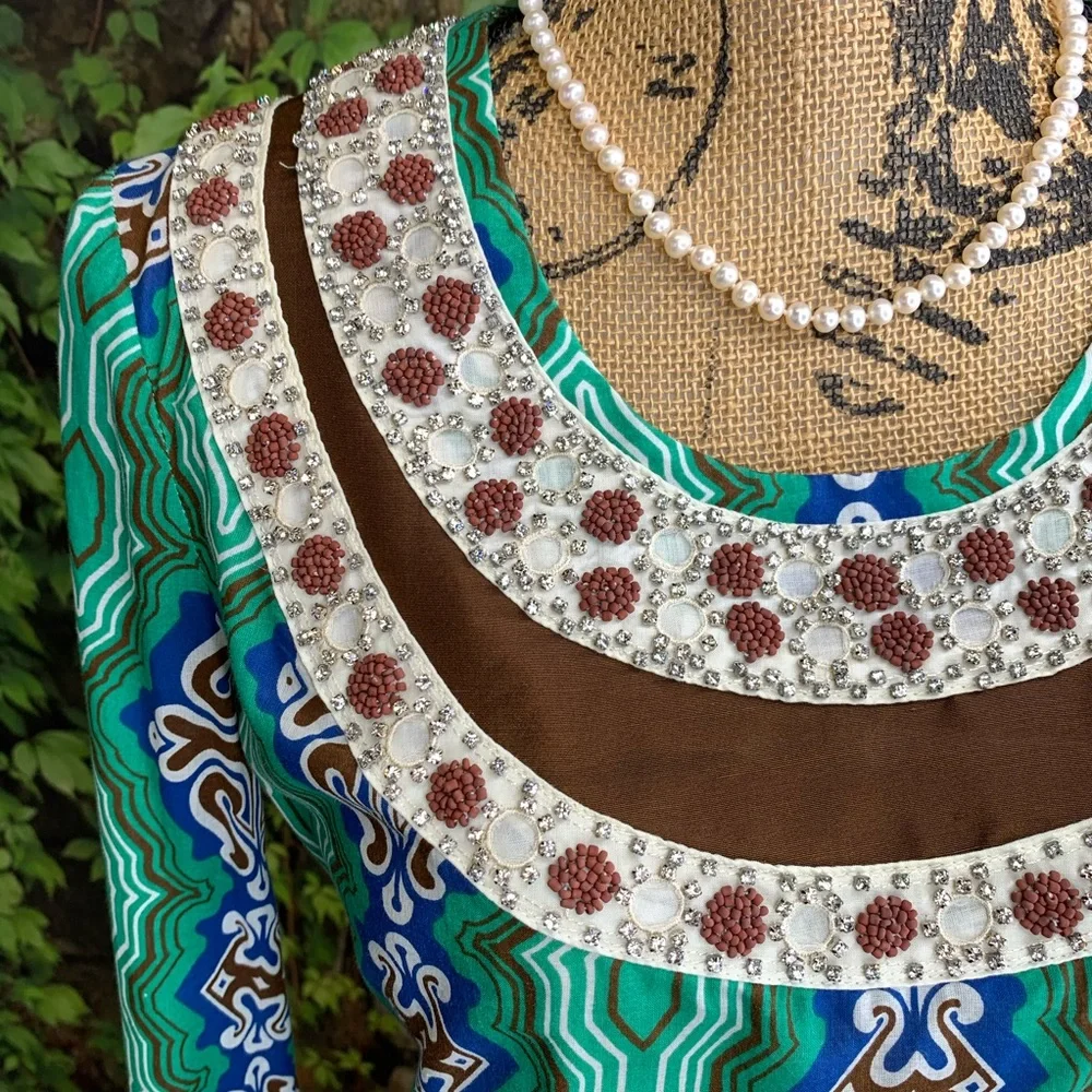 TORY BURCH Mosaic Multicolor Green Moroccan Resortwear Jeweled Tunic, 2